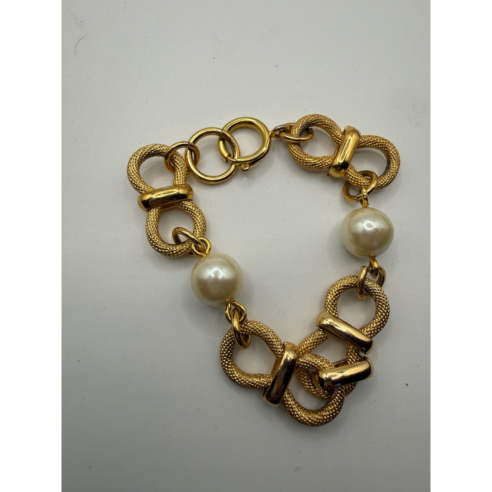 Vintage Gold Tone Chunky Textured Link Bracelet with Faux Pearls Statement 8in